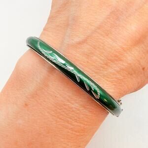 Vintage Mid-Century Green Aluminum Etched Silver Leaf Oval Cuff Bangle